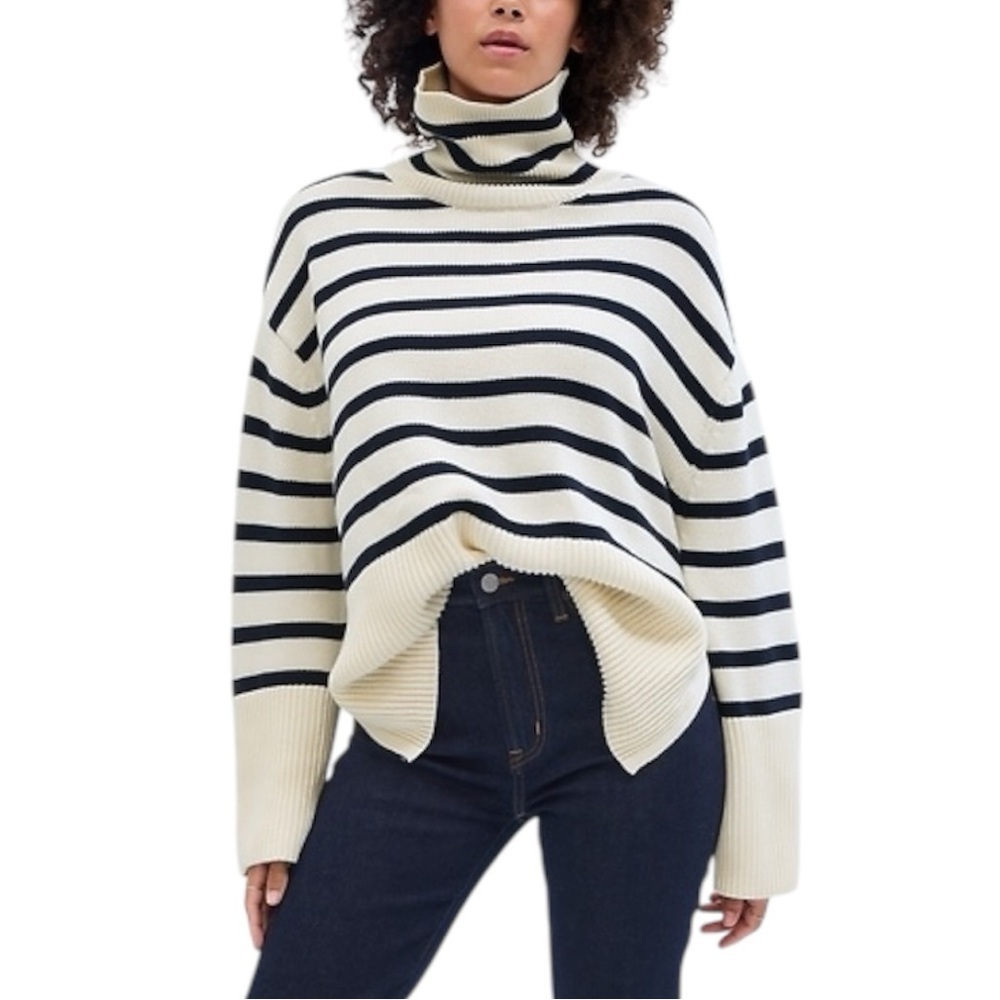 Gap 24/7 Split Hem Relaxed Fit Drop Shoulder cotton Striped Turtleneck Sweater